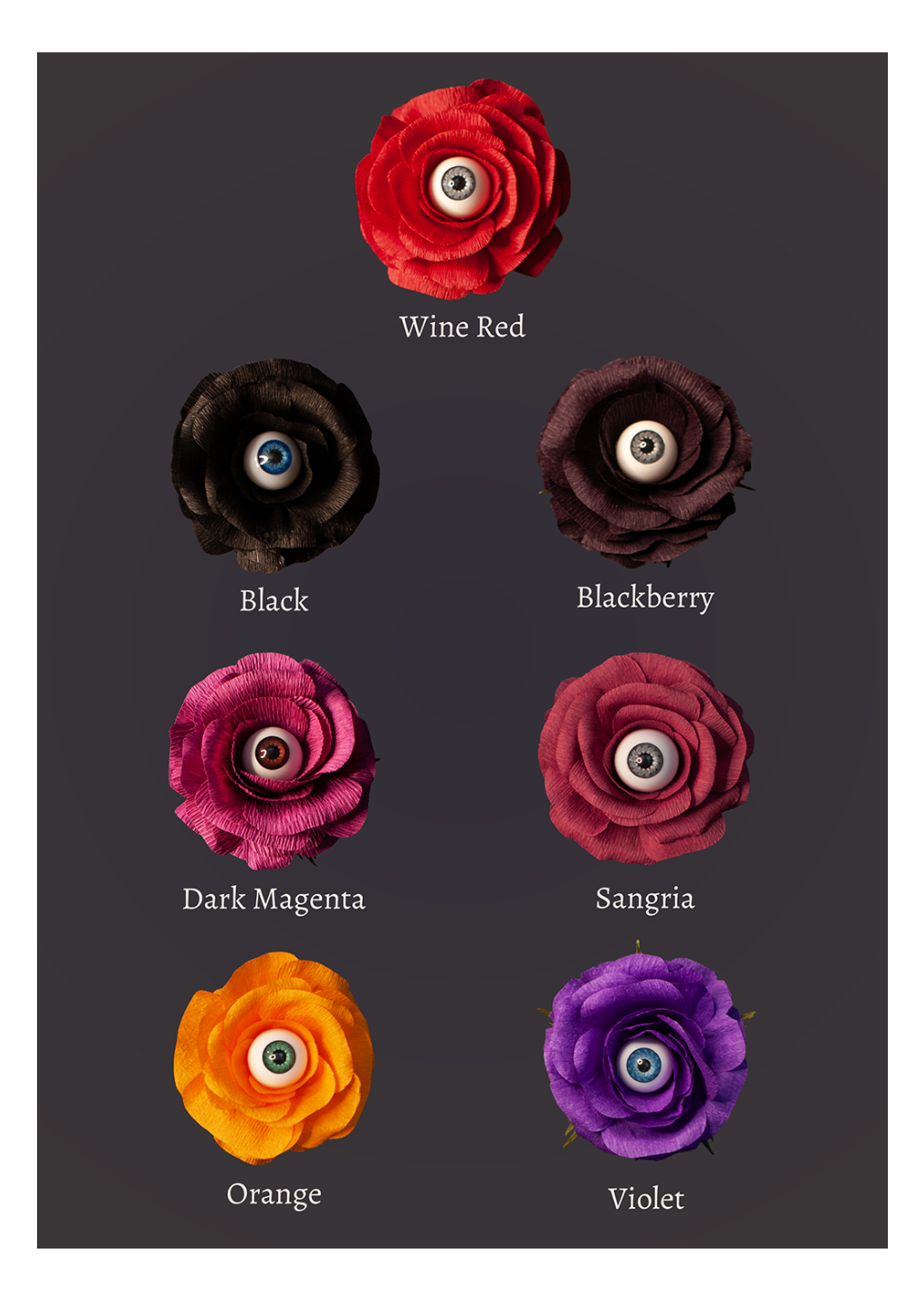 Eight artificial ranunculus-style flowers with realistic eyes in the center, arranged in two columns on a dark gray background. Each flower is labeled with a color name: Wine Red, Black, Blackberry, Dark Magenta, Sangria, Orange, Violet, and Purple.