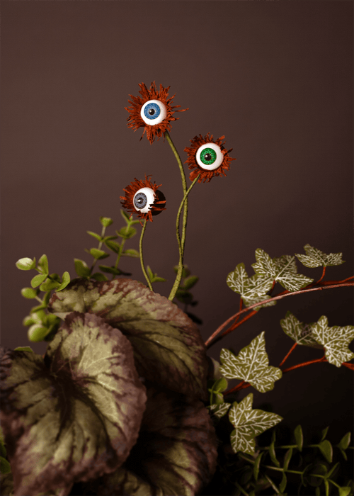 Three fake eyeball garden decorations with spiky orange-brown fringe and green foliage, arranged against a dark grey background.